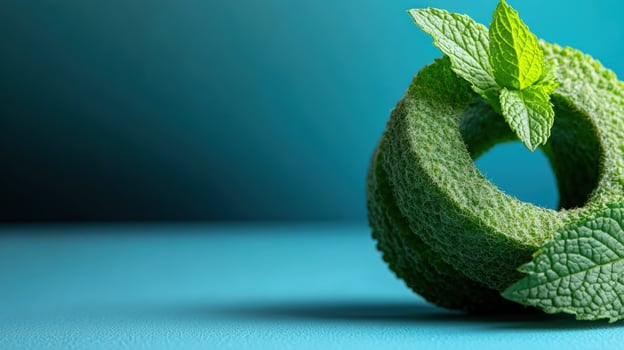 Abstract Mint Composition Green leaves and ringshaped forms against a teal backdrop. A visually striking image exploring texture, color, and form. photo