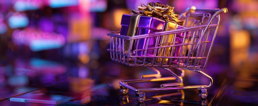The shimmering shopping cart filled with beautifully wrapped gifts and decorations. photo