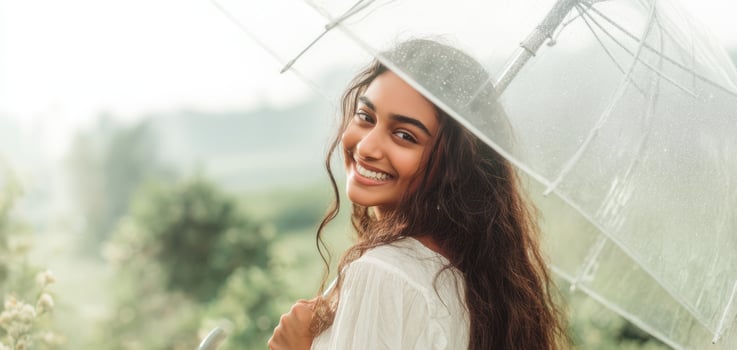 The joyful woman smiling under a transparent umbrella in a beautiful landscape. photo