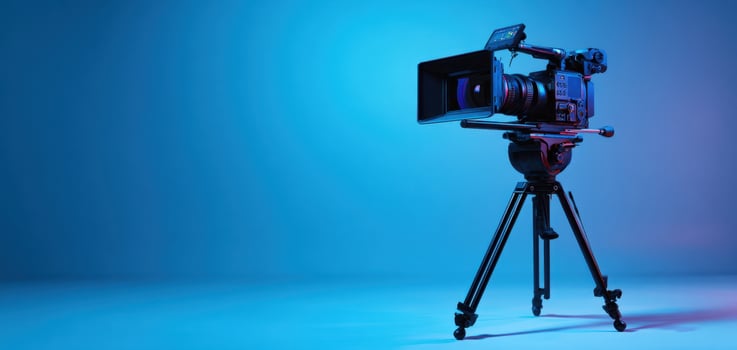 The professional camera setup on a tripod with creative lighting effects. photo