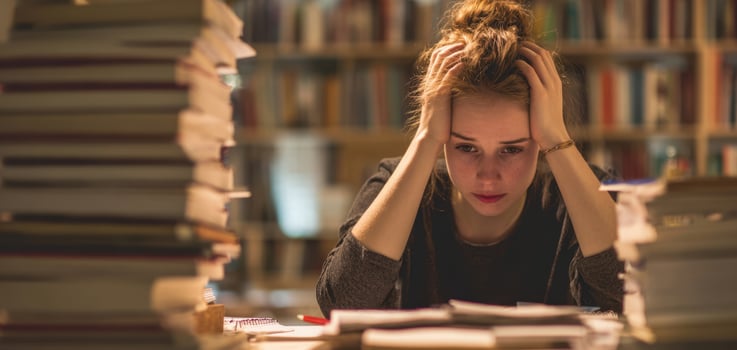 The woman overwhelmed by study in a cluttered library surrounded by books. photo