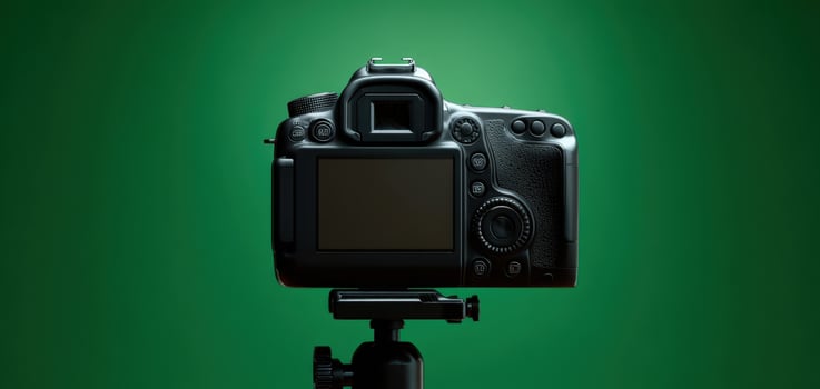 The DSLR Camera Set Against a Vibrant Green Background for Photographers photo