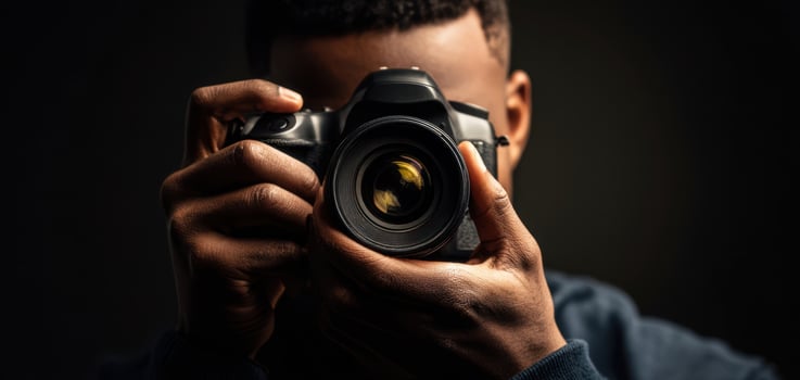 The photographer capturing moments with a professional DSLR camera in a dark setting. photo