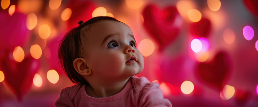 Adorable Baby Girl Amidst Valentines Day Lights photo