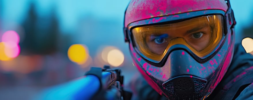 Paintball Player Intense Close Up Shot, Night Action, Urban Setting photo