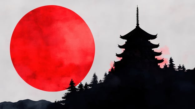Crimson Moon over Pagoda Silhouette A Japanese Watercolor Landscape photo