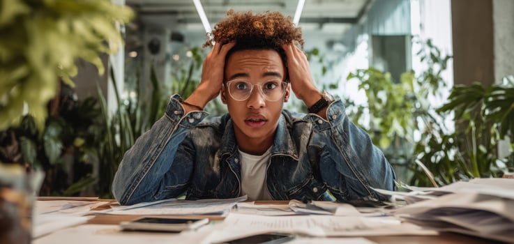 The young man expressing stress and overwhelm in a busy office environment. photo