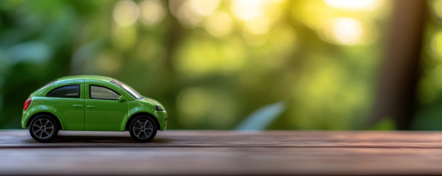 EcoFriendly Green Toy Car on Wooden Surface with Blurred Nature Background photo
