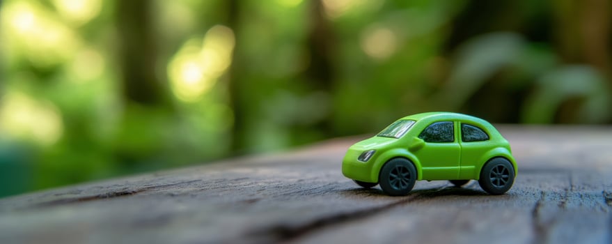 Lime Green Toy Car on Wooden Surface in a Lush Green Background photo
