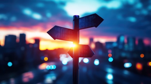 Urban Crossroads A Cityscape at Dusk with a Guiding Signpost photo