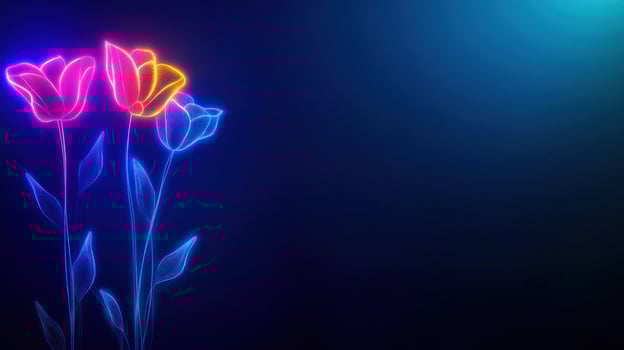 Neon Glowing Flowers, Abstract Floral Art, Vivid Colorful Blooms, Dark Background, Digital Illustration, Bright Lights, Night Scene, Elegant Design photo