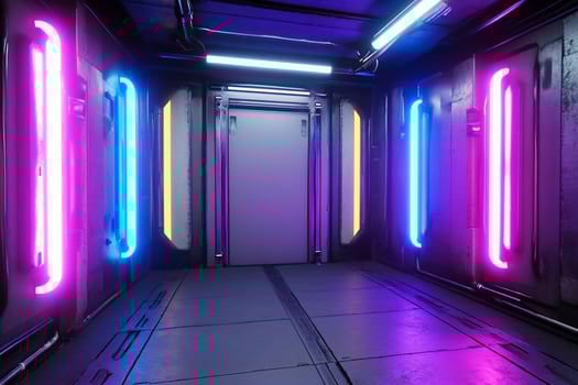 Neonlit spaceship corridor futuristic interior door science fiction photo