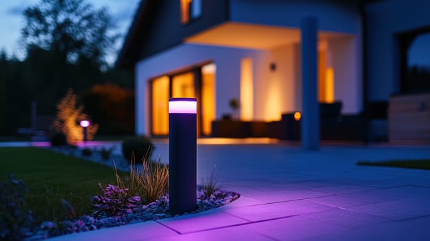 Illuminated Modern Home Exterior at Dusk photo