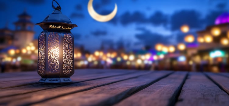 Illuminated lantern on wooden table, night market backdrop, Ramadan photo