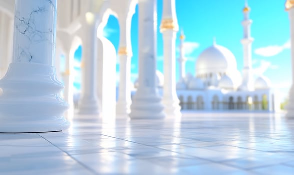 Mosque courtyard, marble columns, bright day, white architecture, travel photo
