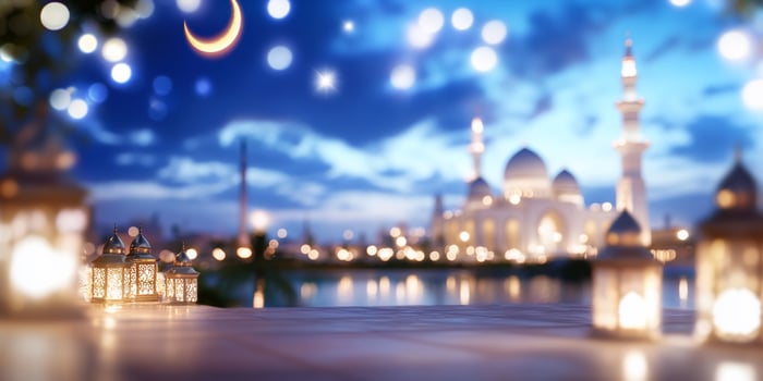 Night mosque lanterns Ramadan. Festive lights photo