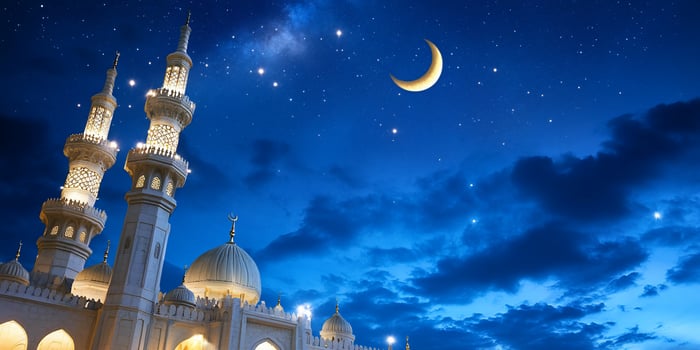 Night Mosque Crescent Moon Stars photo