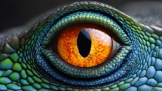 Reptile eye staring with scaly skin in close up photo