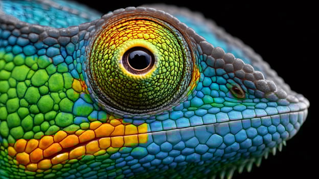 Colorful chameleon showing its scales and eye in close up photo