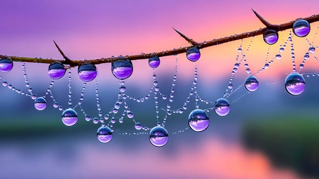 Dew drops reflecting purple and orange sunrise on spiderweb photo