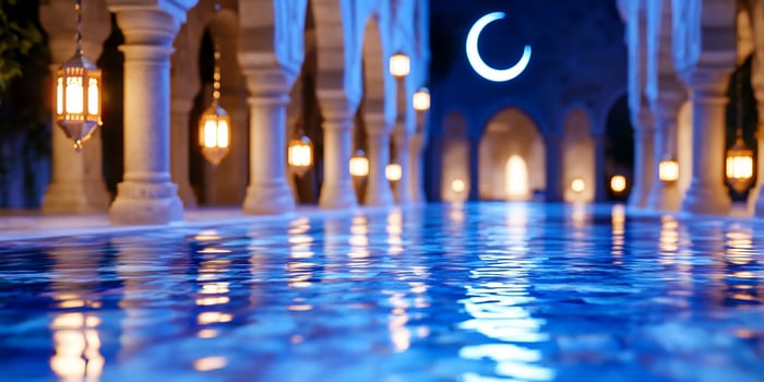 Night pool, moonlit Islamic architecture photo