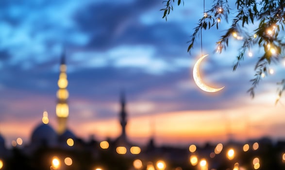 Ramadan crescent moon night city mosque photo