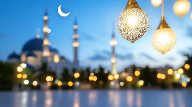 Festive Ramadan lanterns illuminate mosque at dusk photo