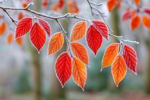 Frozen red and orange autumn leaves creating a winter wonderland photo