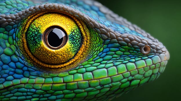 Colorful lizard showing its scales and eye in close up photo