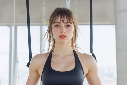 Woman, yoga studio, aerial silks, fitness, workout, healthy lifestyle, portrait photo