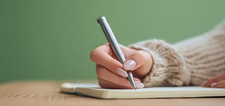 The hand writing in a notebook with a stylish pen on wooden table photo