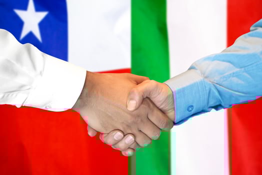 handshake on Chile and Italy flag background. photo