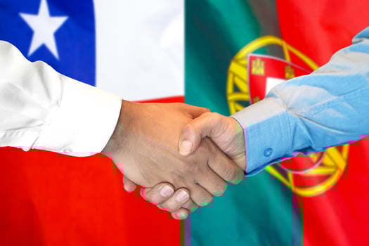 handshake on Chile and Portugal flag background. photo