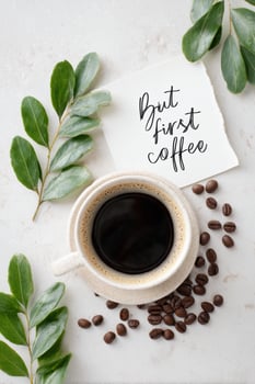 But first coffee inspirational quote with cup of coffee and beans photo