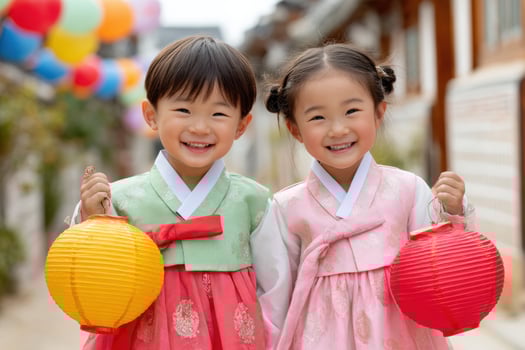 Korean children wearing hanbok holding lanterns smiling during chuseok photo