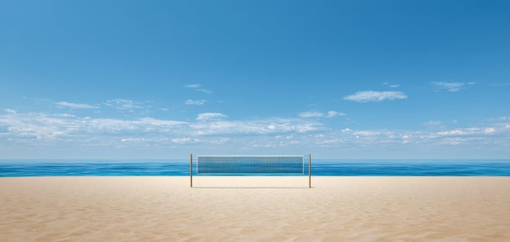 The Beach Volleyball Net Stands Alone Against the Ocean Horizon photo