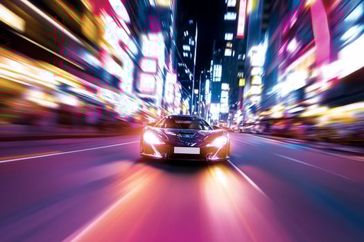 Fast car night city drive, vibrant lights blur photo
