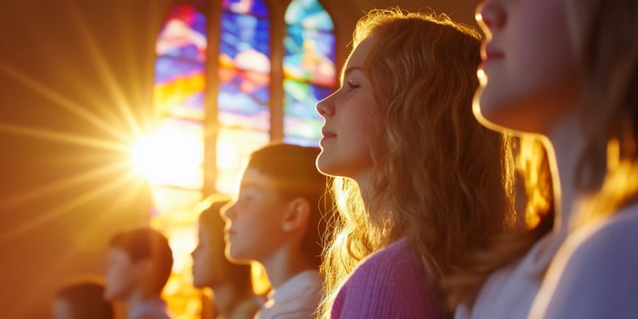 Children praying in church, sunlight through stained glass photo