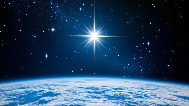 Bright star over Earth, space view photo