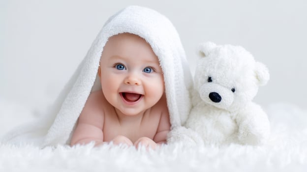 The baby peeking from under a cozy blanket with a teddy bear. photo