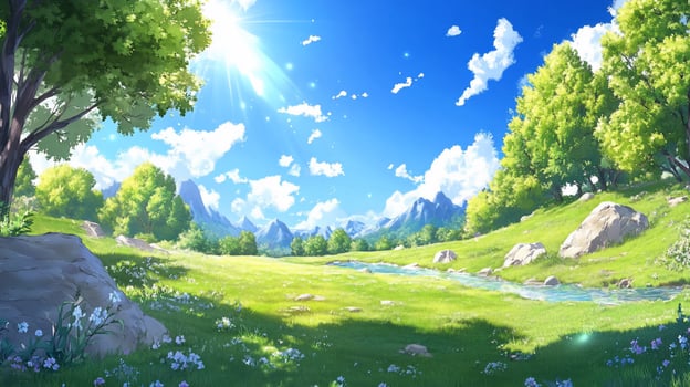 Sunny valley landscape, green meadow, stream, mountains. Ideal for game backgrounds photo