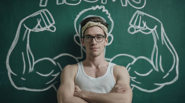 The young man showcasing strength and determination against a motivational chalkboard background. photo