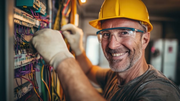 The skilled electrician working with vibrant wiring in a professional setting photo