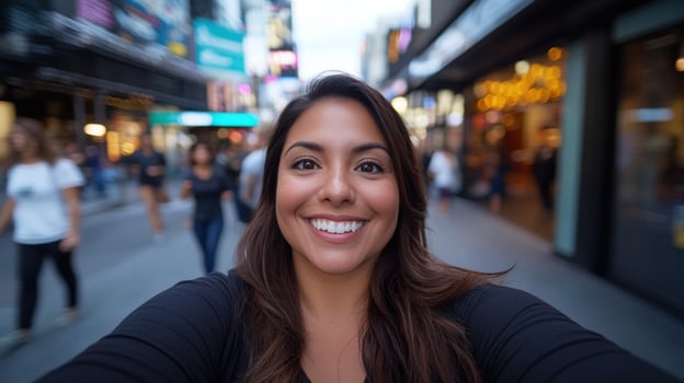 Smiling Woman in Times Square Selfie, NYC Nightlife photo