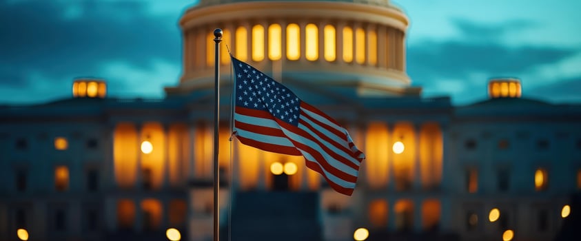 American Flag at Dusk, Capitol Building in Background photo