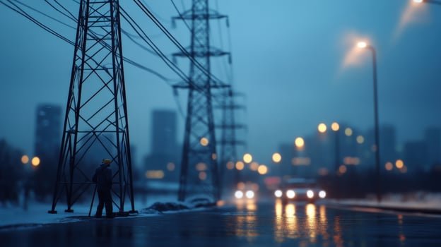 Solitary Figure by Electric Tower at Dusk photo