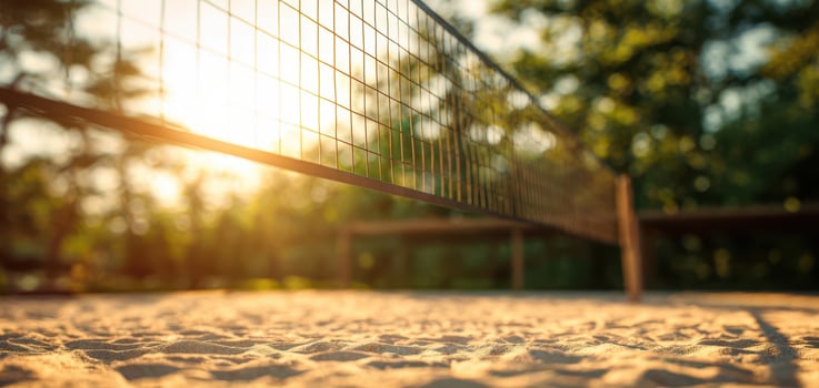 The volleyball net glistens under the golden sunset in a sandy beach setting. photo