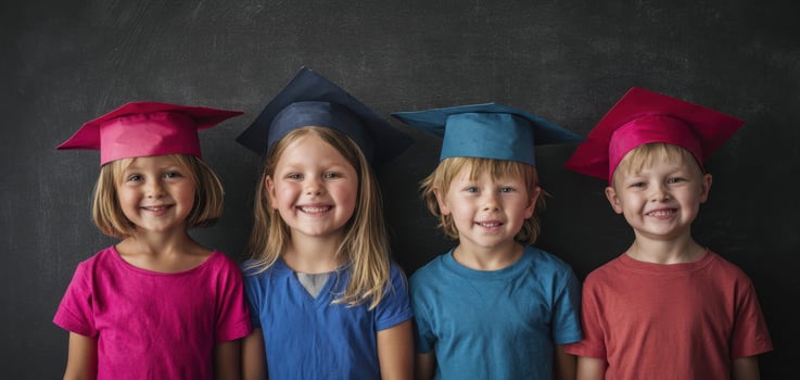 The joyful children celebrating graduation together with colorful caps and smiles. photo