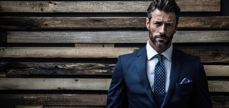 The professional man in a stylish suit against a rustic wooden backdrop. photo