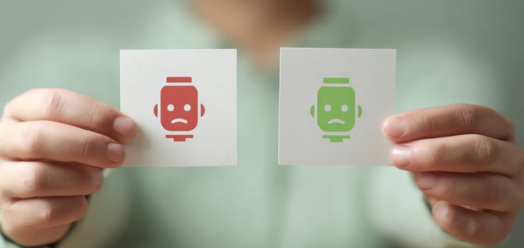 The emotional contrast of robot faces representing satisfaction and dissatisfaction. photo